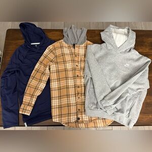Nike Gray Hoodie and Tan Plaid Shirt, navy athletic hoodie and